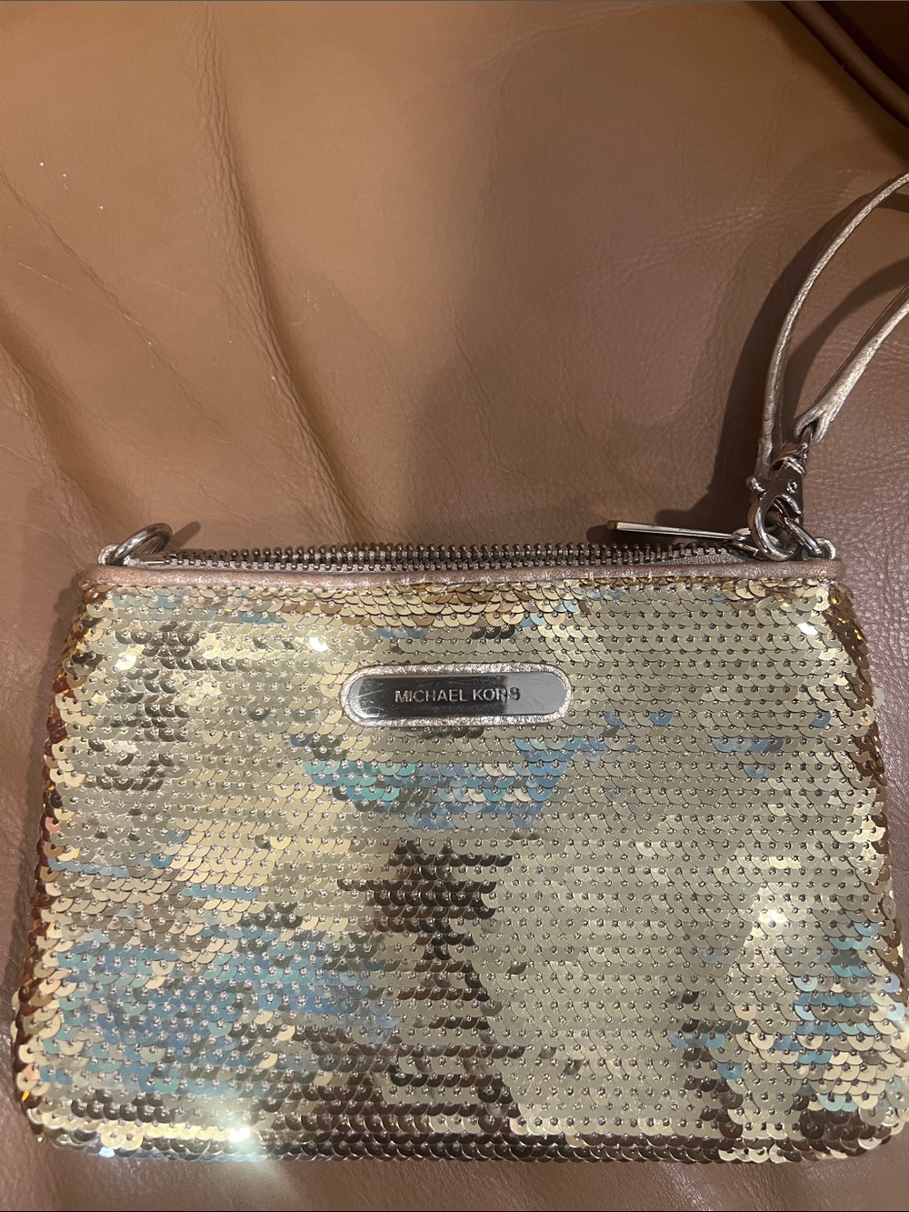 Michael Kors Gold Sequin Wristlet with Silver Accents